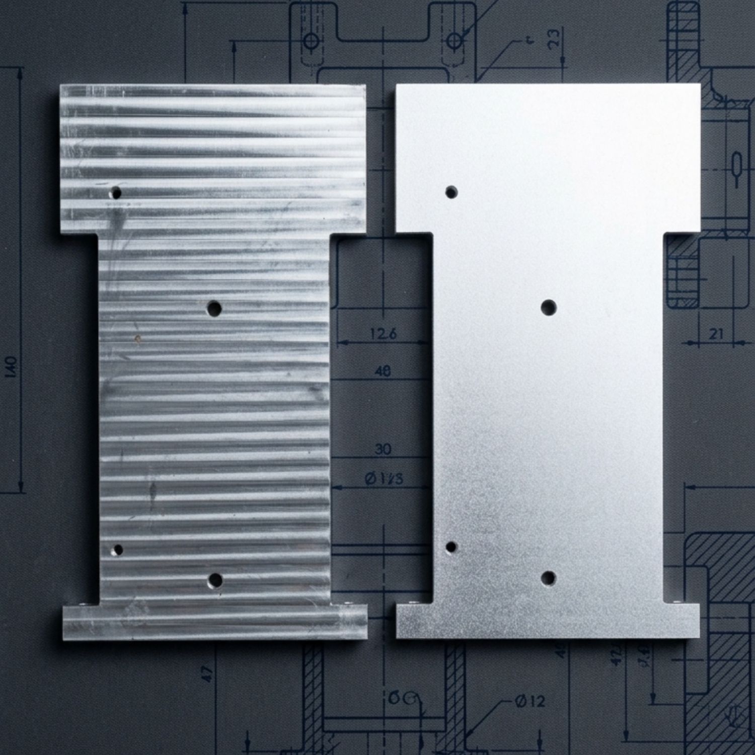 Machined metal plate before finishing beside the same plate after magnetic polishing
